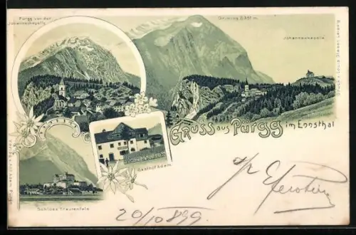 Lithographie Pürgg, Schloss Trautenfels, Gasthof Adam, Johanneskapelle