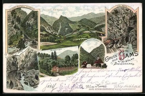 Lithographie Gams, Mineralbad, Kirche und Schule, Felspass Die Noth