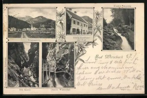 AK Bad Wörschach, Eibls Gasthaus zur Post, Kuchl, Oberer Wasserfall, Ortsansicht