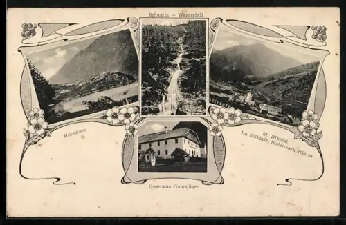 AK St. Nikolai im Sölktale, Gasthaus Gamsjäger, Bräualm-Wasserfall, Ortsansicht aus der Vogelschau
