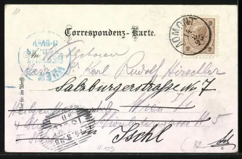 Lithographie Admont /Steiermark, Gasthof Buchbinder, Bes. Gabriel Häusler, Schloss Röthelstein