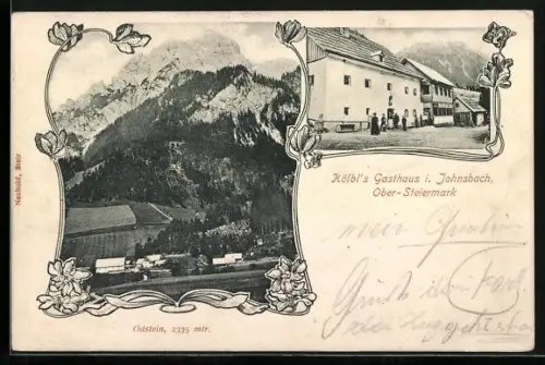 AK Johnsbach /Ober-Steiermark, Kölbls Gasthaus, Ortsansicht aus der Vogelschau