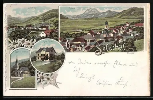 Lithographie Selzthal, Hotel Huber, Kirche, Ortsansicht