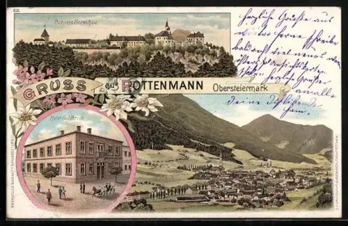 Lithographie Rottenmann /Obersteiermark, Hotel Goldbrich, Schloss Strechau, Teilansicht