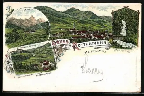 Lithographie Rottenmann, Schloss Strechau, Kaiserau, Wasserfall in der Klamm