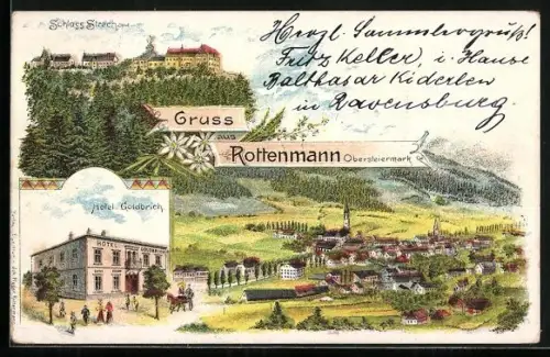 Lithographie Rottenmann /Obersteiermark, Hotel Goldbrich, Schloss Strechau, Ortsansicht