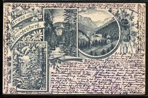 Lithographie Stans, Kloster St. Georgenberg, Bergsteiger-Ausrüstung