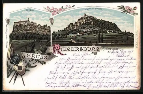 Lithographie Riegersburg /Steiermark, Schloss, Markt mit Schloss