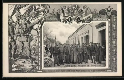 AK Feldbach, Gefangene Russen, österreichischer Soldat mit Flagge