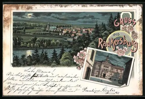 Lithographie Radkersburg, Sparkasse, Ortsansicht aus der Vogelschau