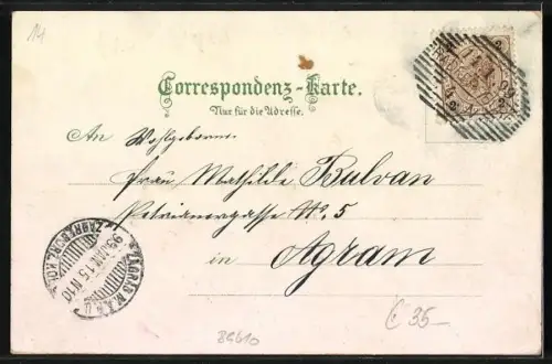 Lithographie Radkersburg, Sparkasse, Ortsansicht aus der Vogelschau