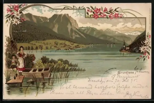 Vorläufer-Lithographie Grundlsee, 1895, Ortsansicht mit See, Paar in Tracht
