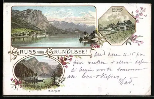 Lithographie Grundlsee, Partie am See, Toplitzsee, Schraml`s Gasthof