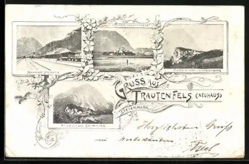 AK Trautenfels /Neuhaus, Bahnhof Steinach, Schloss Trautenfels, Pürg m. d. Grimming