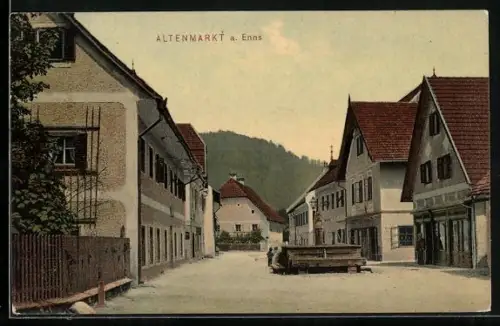 AK Altenmarkt a. Enns, Ortspartie mit Häusern und Brunnen