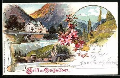 Künstler-AK E. Döcker: Weichselboden, Gasthaus Weichselboden, Landschaftsmotiv