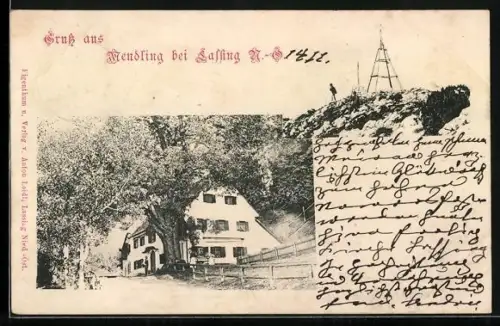 AK Göstling an der Ybbs, Gruss aus Mendling, Bergkuppe mit Kreuz und Gasthaus Staudinger, um 1900