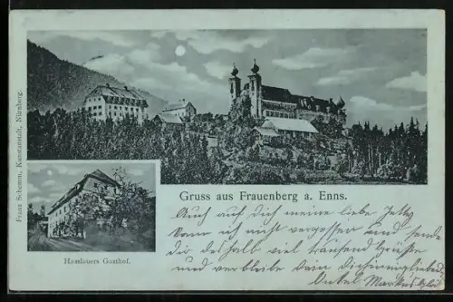Mondschein-AK Frauenberg a. Enns, Hasslauers Gasthof, Ortsansicht