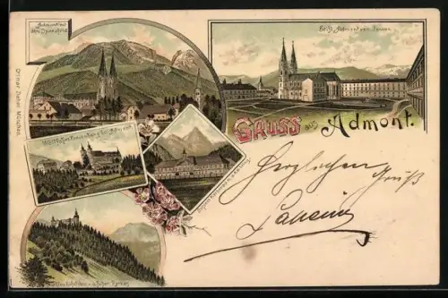 Lithographie Admont, Stift Admont von Jennen, Totalansicht, Wallfahrt Frauenberg, Schloss Kaiserau