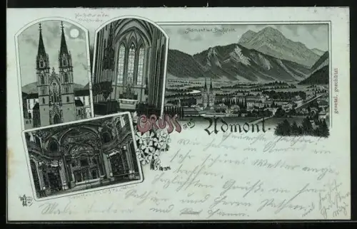 Mondschein-Lithographie Admont, Stiftskirche, Hochaltar, Ortsansicht aus der Vogelschau