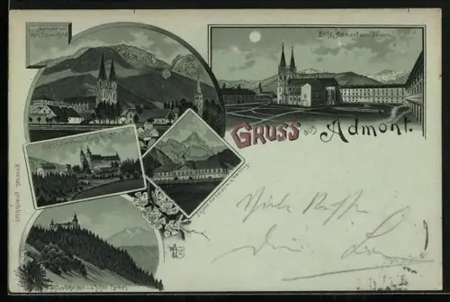 Lithographie Admont, Stift Admont von Jennen, Totalansicht, Wallfahrt Frauenberg, Schloss Kaiserau