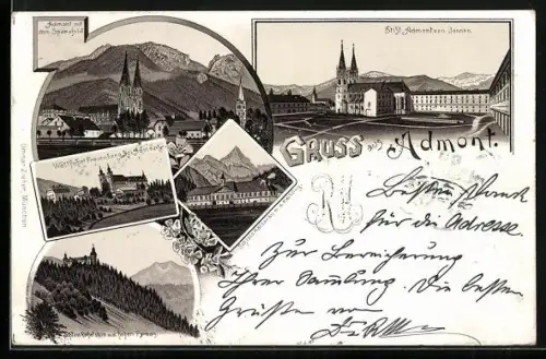 Lithographie Admont, Stift Admont von Jennen, Totalansicht, Wallfahrt Frauenberg, Schloss Kaiserau