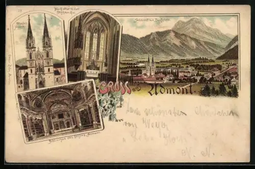 Lithographie Admont, Blasius-Münster, Hochaltar in der Stiftskirche, Bibliothek und Gesamtansicht mit Buchstein