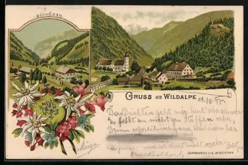 Lithographie Wildalpe, Gschöder, Ortsansicht aus der Vogelschau
