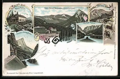 Lithographie Gstatterboden, Hôtel u. Bahnhof Gstatterboden mit Tamischbachturm, Gesäuse-Eingang, Hess-Hütte