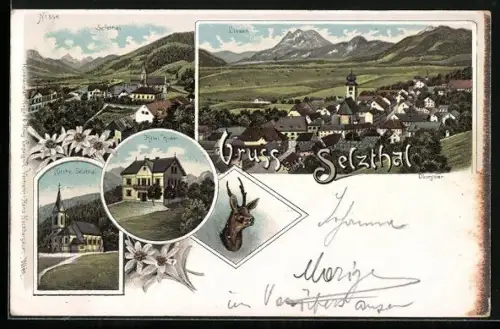 Lithographie Liezen, Hotel Huber, Kirche Selzthal, Teilansicht