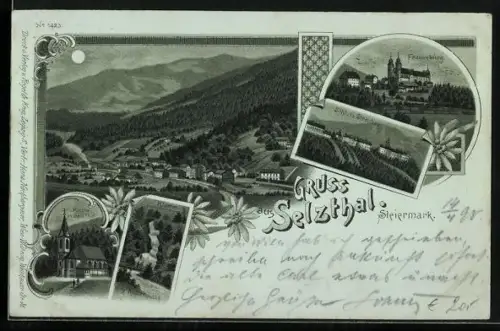 Lithographie Selzthal /Steiermark, Frauenburg, Schloss Strechau, Kirche, Klamm, Ortsansicht