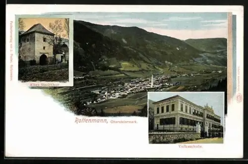 AK Rottenmann, Altes Stadttor, Volksschule, Gesamtansicht