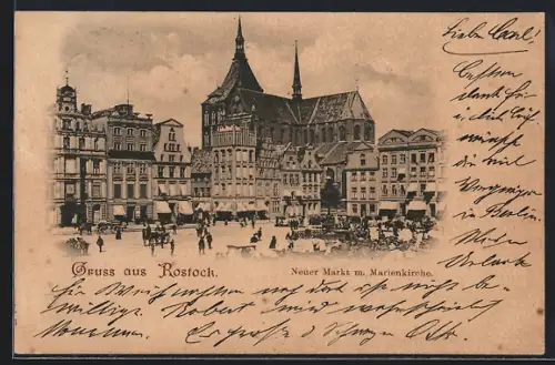 AK Rostock, Neuer Markt mit Marienkirche