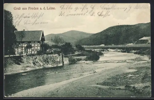 AK Freden a. d. Leine, Uferpartie mit Fachwerkhaus