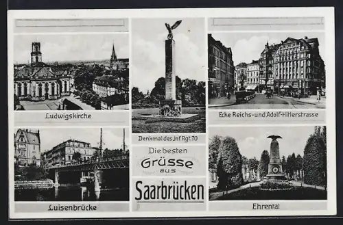 AK Saarbrücken, Ludwigskirche, Luisenbrücke, Ecke Reichs- und strasse