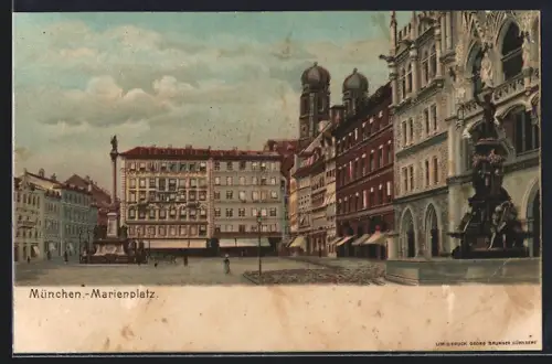 Lithographie München, Marienplatz mit Geschäften