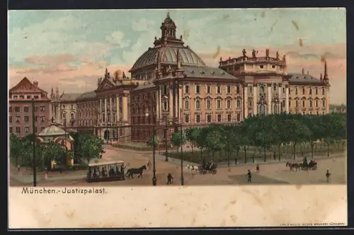 Lithographie München, Justizpalast, Gesamtansicht, Pferdebahn