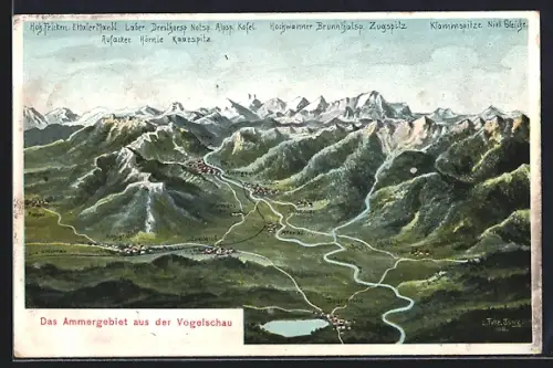 Künstler-AK Eugen Felle: Kohlgrub, Ammergebiet, Panorama mit Altenau, Ettal und Zugspitz