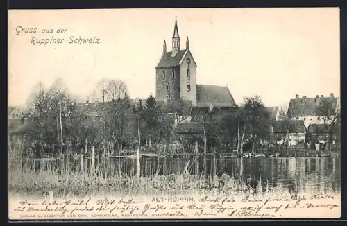 AK Alt-Ruppin /Ruppiner Schweiz, Uferpartie mit Kirche