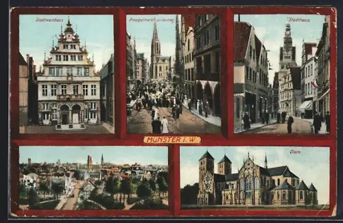 AK Münster i. W., Gasthof Stadtweinhaus, Principalmarkt am Sonntag, Dom