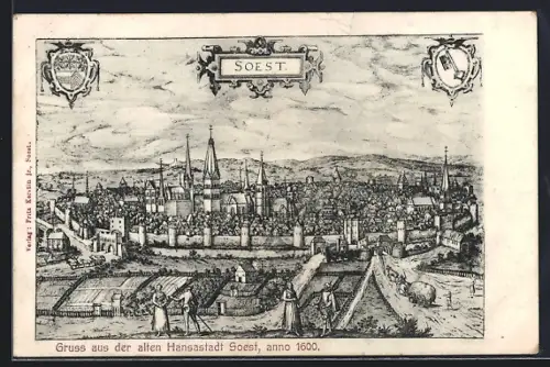 Künstler-AK Soest, Teilansicht mit Kirche anno 1600