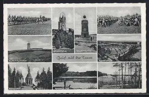 AK Senne, Diebesturm, Taubenturm, Hermann-Denkmal, Hannes See, Sennelandschaft, neues Lager