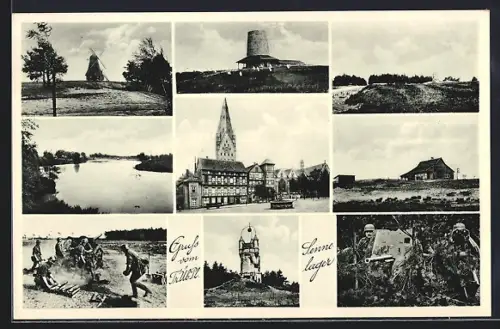 AK Sennelager, Truppenübungsplatz, Rathaus mit Brunnen, Windmühle, Turm