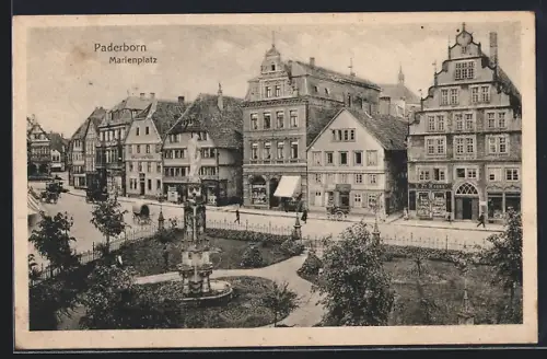 AK Paderborn, Marienplatz mit Denkmal und Geschäften