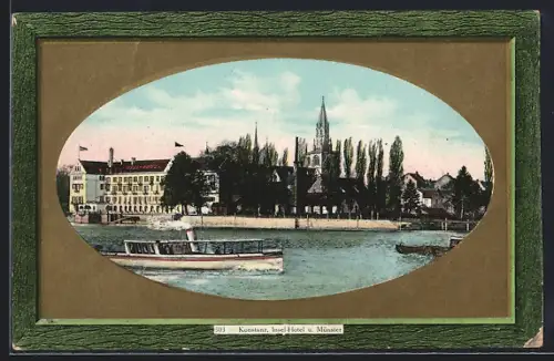 Präge-AK Konstanz, Insel-Hotel und Münster, Passepartout