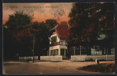 AK Aachen, Gasthaus Waldschenke bei Sonnenuntergang