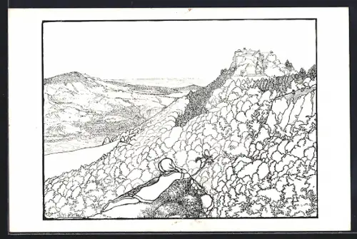 Künstler-AK Ruine Hohen-Neuffen und Jusiberg