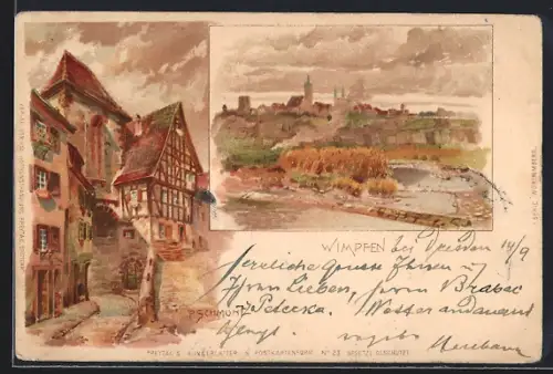 Künstler-AK P.Schmohl: Bad Wimpfen, kleine Gasse mit Fachwerkhaus