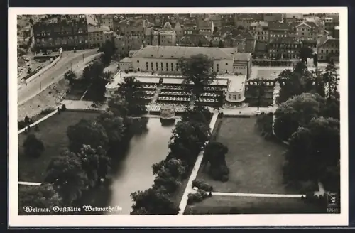 AK Weimar / Thüringen, Gaststätte Weimarhalle aus der Vogelschau