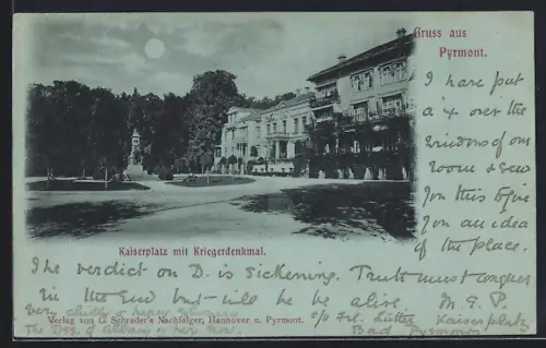 Mondschein-AK Bad Pyrmont, Kaiserplatz mit Kriegerdenkmal